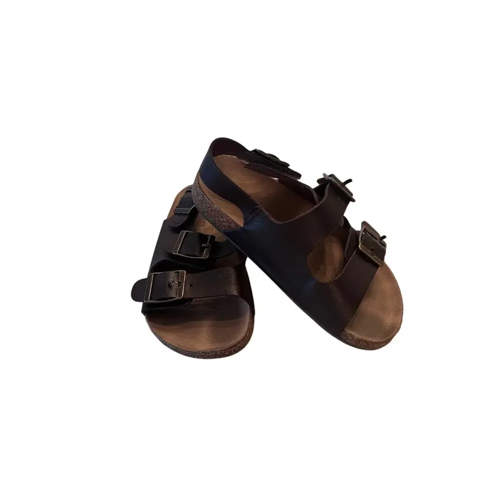 Old Navy Boy's 9 Brown Faux Leather Double Strap Slingback Buckle Sandals